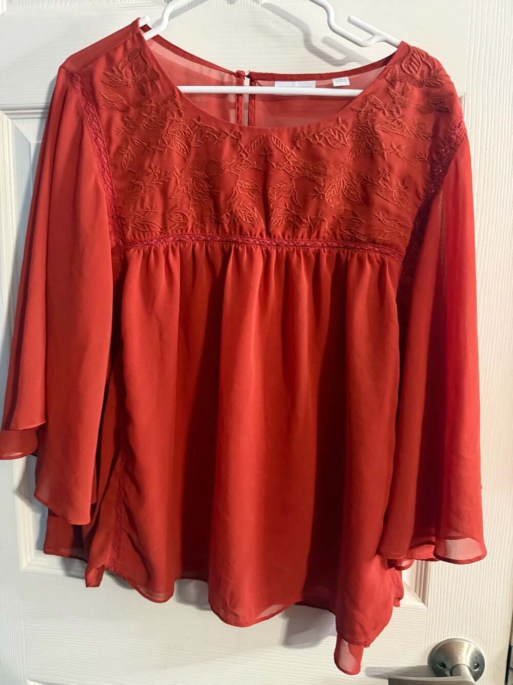 New York & Company Rust Red Embroidered Chiffon Bell Sleeve Blouse Top XL